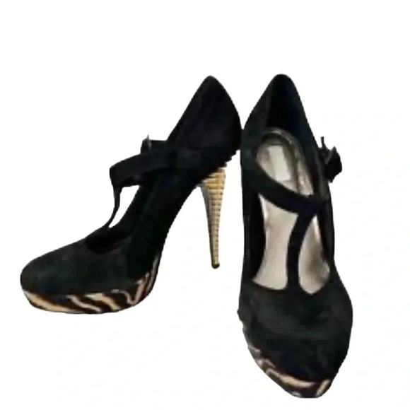 Rachel Roy Kistyn black  suede leather platform Tiger striped heels Sz 9.5 - Picture 13 of 13